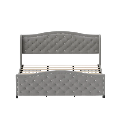 Luxurious King Size Velvet Upholstered Platform Bed with Tufted Camelback Headboard, Nailhead Trim, and 4 Built-In Storage Drawers – Stylish and Functional Bedroom Upgrade