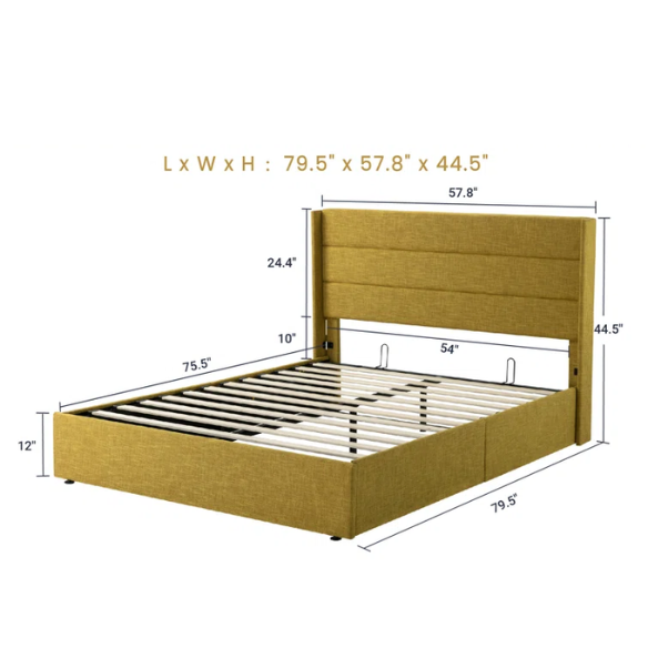 Luxurious Linen Upholstered Hydraulic Lift-Up Storage Platform Bed – Full/Double Size with Sleek Design & Maximized Space