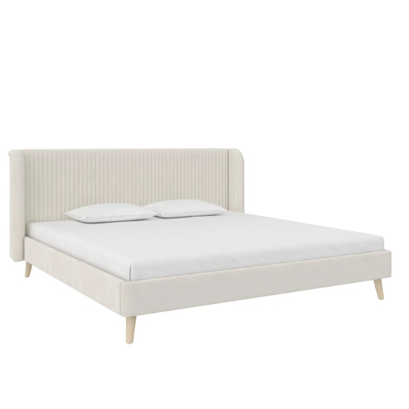 King Size Upholstered Wingback Platform Bed – Luxe Velvet Headboard with Vertical Tufting, Mid-Century Modern Design, and Space-Saving Wooden Frame