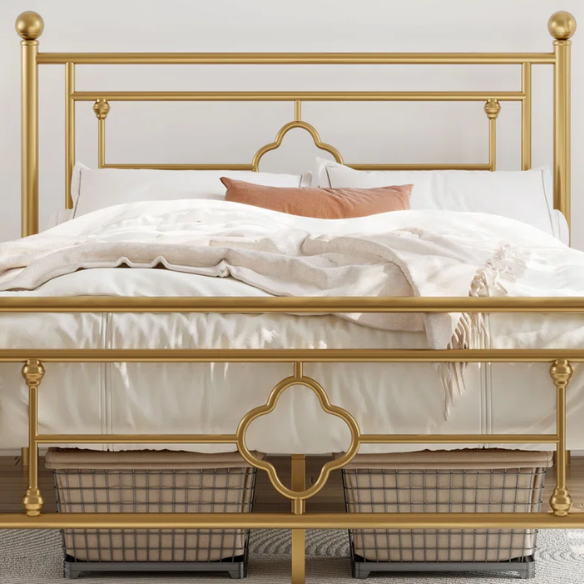 Elegant Metal Open-Frame Platform Bed with Quatrefoil Design and Classic Finial Posts – Timeless French Country Style with Under-Bed Storage