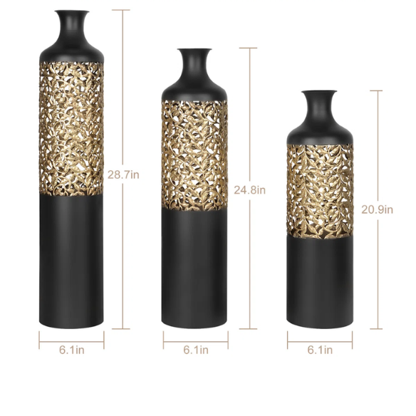 Elegant Matte Black Large Floor Vase Set (3-Piece) – Gold Baroque Vine Detailing, Metal Flower Vases for Sophisticated Home Décor