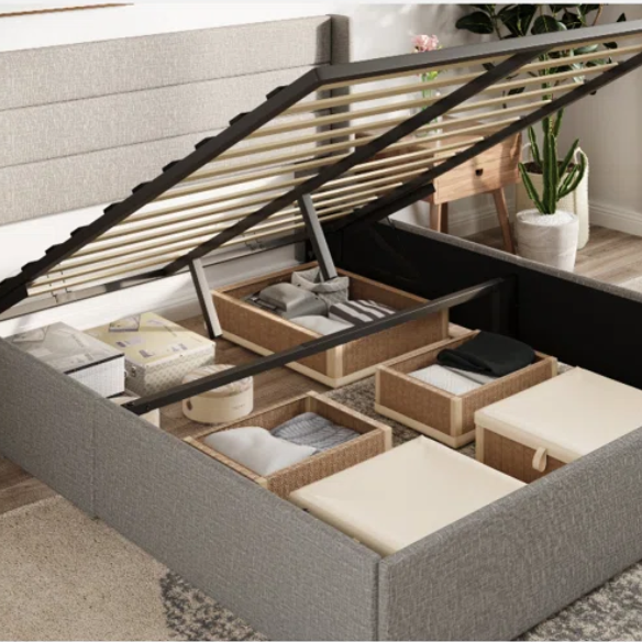 Modern King Size Upholstered Platform Bed with Hydraulic Lift Storage – Sleek Grooved Headboard, Space-Saving Design, and No Box Spring Needed