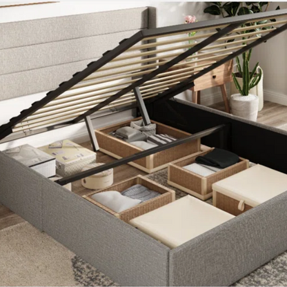 Modern King Size Upholstered Platform Bed with Hydraulic Lift Storage – Sleek Grooved Headboard, Space-Saving Design, and No Box Spring Needed