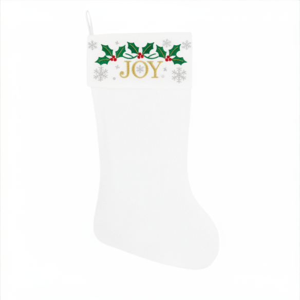 Personalized White Christmas Stocking with Embroidered Joy Design