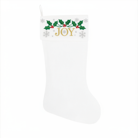 Personalized White Christmas Stocking with Embroidered Joy Design