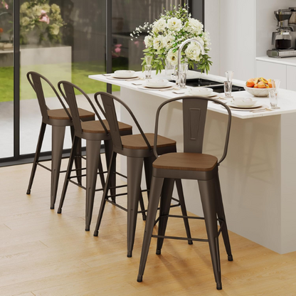 Set of 4 Farmhouse Counter Height Bar Stools – Rustic Industrial Style with Removable Backrest, Heavy-Duty Steel Frame, and Scratch-Resistant Finish