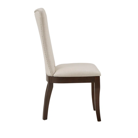 Beige Wingback Upholstered Dining Chairs – Set of 2, Nailhead Trim & Dark Cherry Legs
