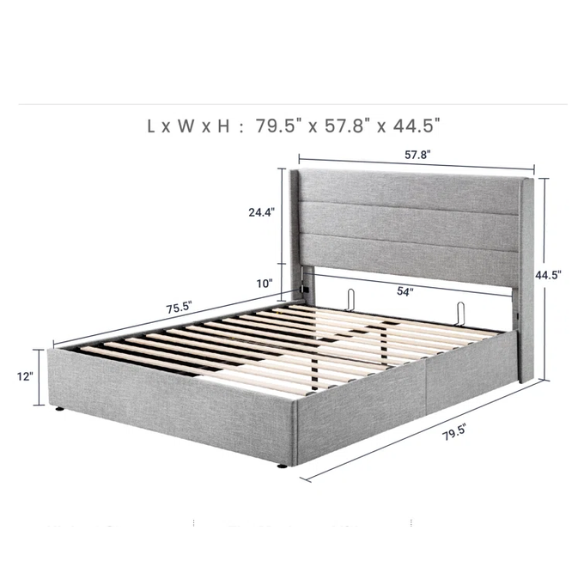 Luxurious Linen Upholstered Hydraulic Lift-Up Storage Platform Bed – Full/Double Size with Sleek Design & Maximized Space