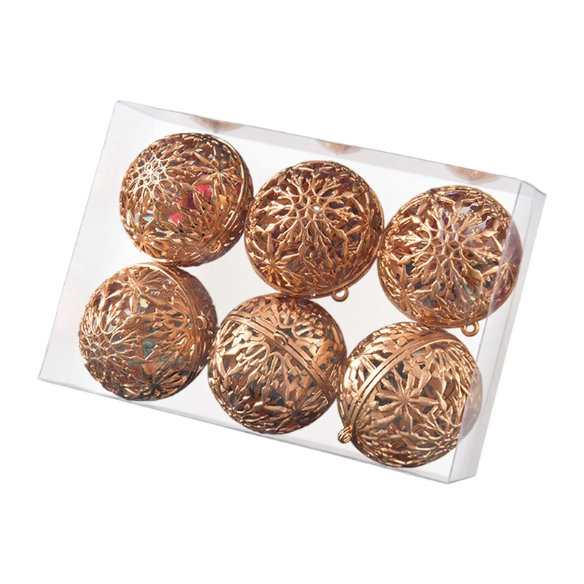 Champagne Gold Glitter Snowflake Christmas Ball Ornaments – Set of 6 Decorative Holiday Baubles
