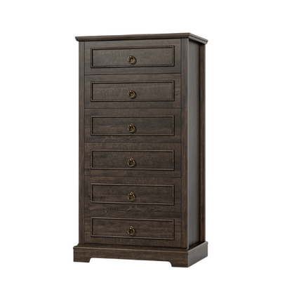 French Country-Inspired 5-Drawer Chest with Metal Ring Handles, Paneled Detailing, and Classic Crown Molding