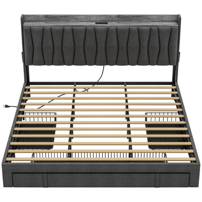 Modern Upholstered King Size Bed Frame with 3 Storage Drawers, Soft Foam Headboard, and Built-in Charging Station