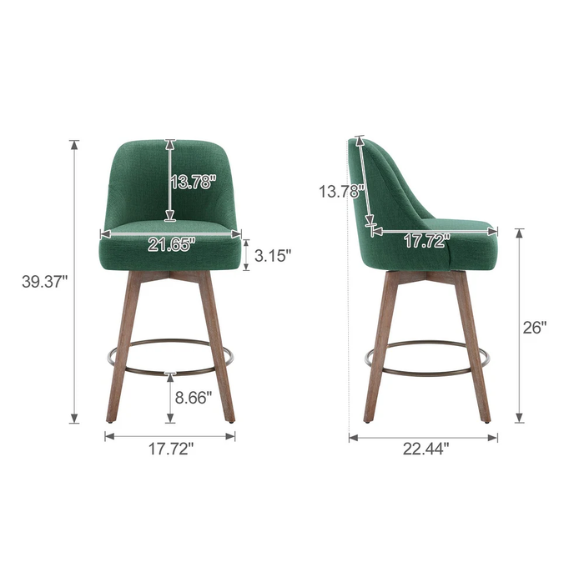 Modern Counter Height Swivel Bar Stool – Upholstered Faux Leather/Polyester Blend Seat, Solid Beech Wood Frame, Ergonomic High Back, Bronze Metal Footrest, 300lb Capacity for Kitchen, Bar, or Pub