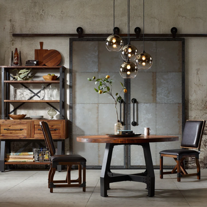 Round Dining/Gathering Table - Amber & Graphite, Solid Wood Planks with Industrial-Inspired Design, Adjustable Height for Family Gatherings