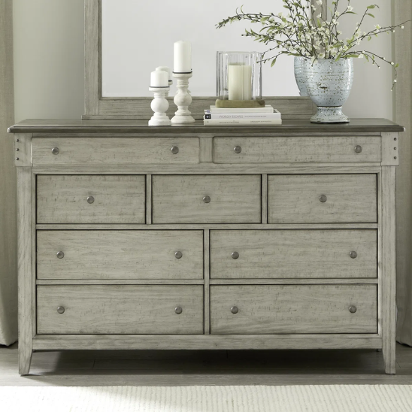 Farmhouse-Inspired Queen Bedroom Set  Panel Bed, Dresser, Mirror, and Nightstand with Built-in Charging Station