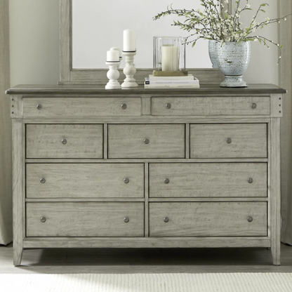 Farmhouse-Inspired Queen Bedroom Set  Panel Bed, Dresser, Mirror, and Nightstand with Built-in Charging Station