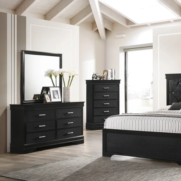 Luxurious 5-Piece Full Double Size Bedroom Set – Diamond Tufted Velvet Headboard with Wooden Trim and Elegant Button Detailing