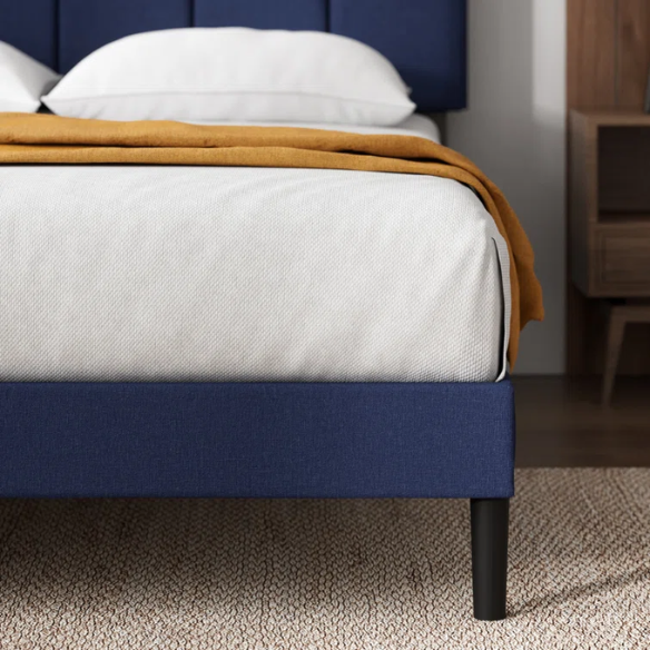 Modern King Size Upholstered Low Profile Platform Bed – Square-Tufted Headboard, Durable Steel Frame