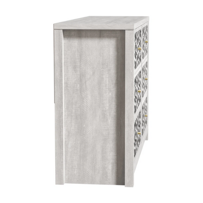 Boho-Inspired 45.4" 6-Drawer Dresser with Distressed Finish and Openwork Floral Details
