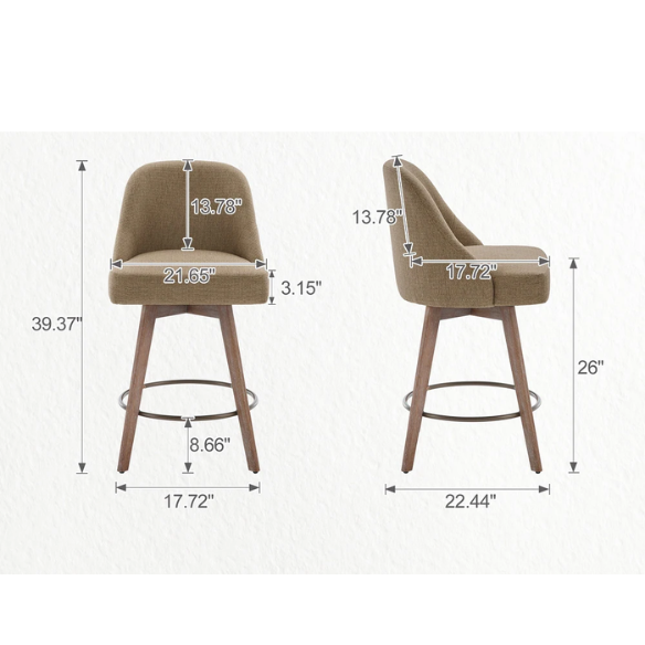 Modern Counter Height Swivel Bar Stool – Upholstered Faux Leather/Polyester Blend Seat, Solid Beech Wood Frame, Ergonomic High Back, Bronze Metal Footrest, 300lb Capacity for Kitchen, Bar, or Pub