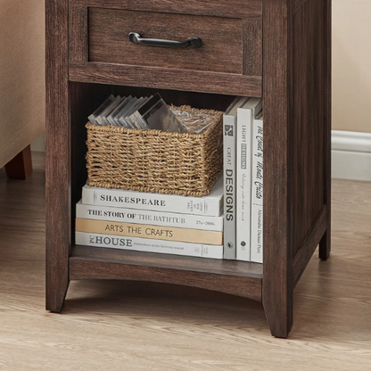 Farmhouse-Style Nightstand with Built-In Charging Station – Engineered Wood, Spacious Top, Drawer & Open Compartment, Matte Black Metal Handle, USB-A & USB-C Ports, AC Outlets, Ideal for Bedroom or Living Room