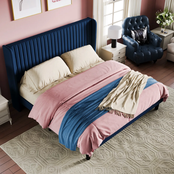 Luxurious King Size Upholstered Velvet Platform Bed with Modern Wingback Headboard – Heavy-Duty Steel Frame, No Box Spring Needed, and Ample Under-Bed Storage