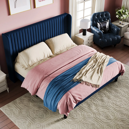 Luxurious King Size Upholstered Velvet Platform Bed with Modern Wingback Headboard – Heavy-Duty Steel Frame, No Box Spring Needed, and Ample Under-Bed Storage