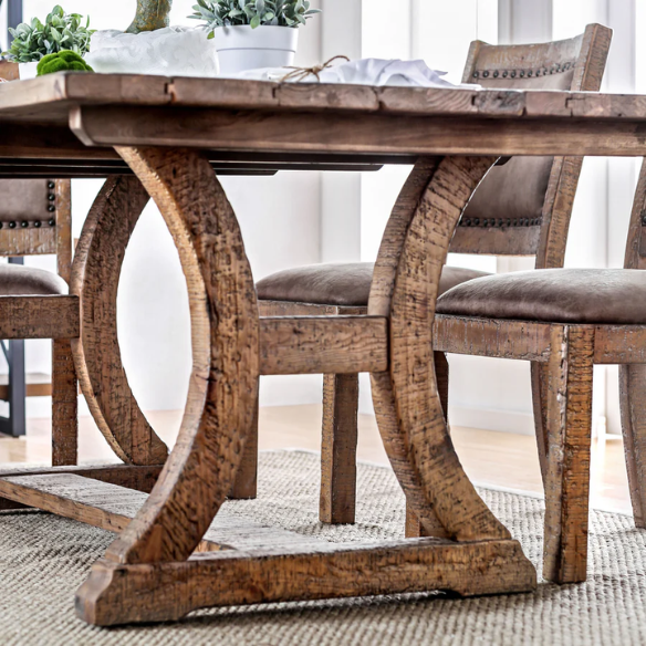 Rustic Pine Solid Wood Dining Table – Farmhouse-Style with Trestle Base, C-Shaped Legs & Planked Top