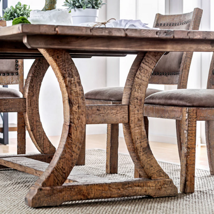 Rustic Pine Solid Wood Dining Table – Farmhouse-Style with Trestle Base, C-Shaped Legs & Planked Top