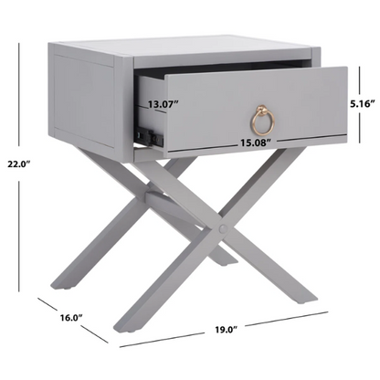 1-Drawer Nightstand – Classic Campaign Style with Contemporary Chic, Acacia Wood Frame, Cross-Base Design, Bold Finish, Gold Drawer Pull, Perfect for Modern Bedrooms