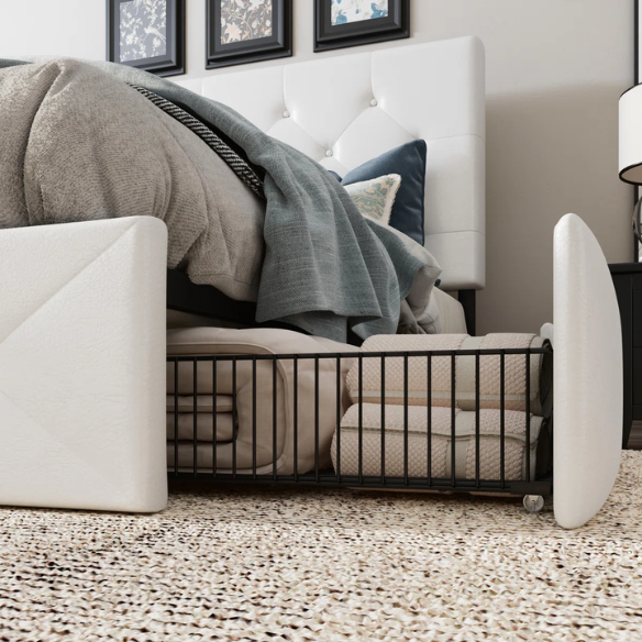 King Size Upholstered Platform Bed with Storage Drawers, Padded Headboard, and Sophisticated Button Tufting