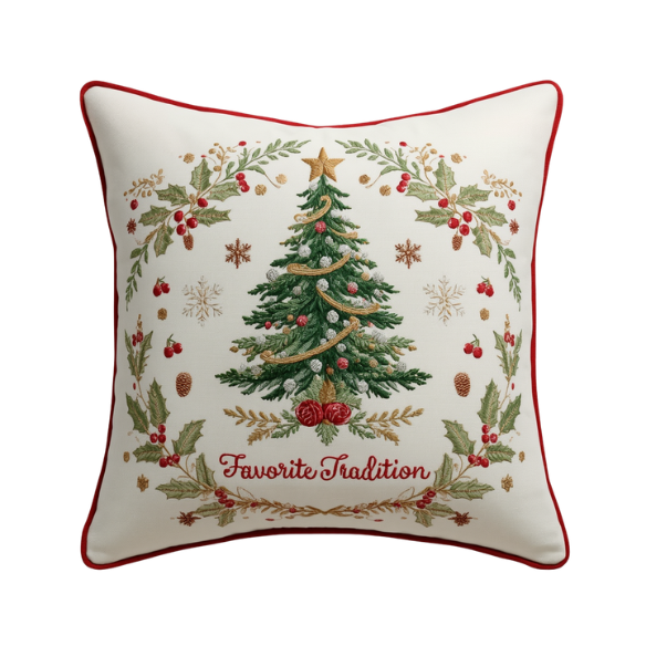 Off-White Embroidered Christmas Tree Throw Pillow with 