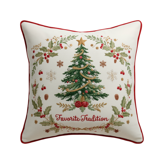 Off-White Embroidered Christmas Tree Throw Pillow with "Favorite Tradition" and Red Piped Border