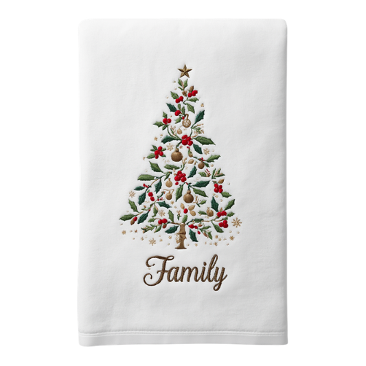 White Kitchen Towel With Embroidered Christmas Tree and Family Design