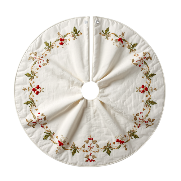 Off-White Quilted Christmas Tree Skirt With Embroidered Gold Vines and Holly & Berries