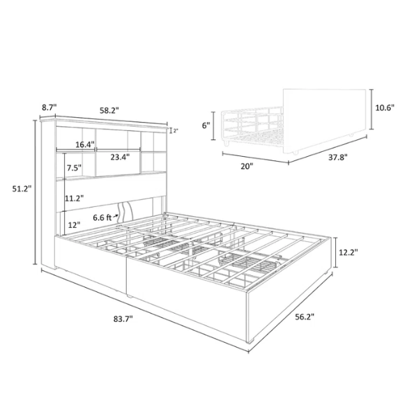 Innovative LED Bookcase Bed – Full/Double Size with Built-In Storage, Sleek Design, and LED Lighting for Modern Living
