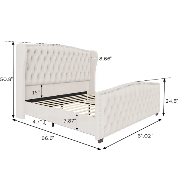 Velvet Queen Size Bed with Button Tufted Upholstery, Nailhead Trim, and Wingback Headboard