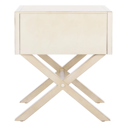 1-Drawer Nightstand – Classic Campaign Style with Contemporary Chic, Acacia Wood Frame, Cross-Base Design, Bold Finish, Gold Drawer Pull, Perfect for Modern Bedrooms