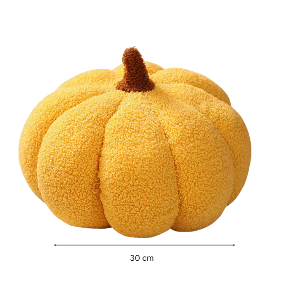 Yellow plush pumpkin throw pillow – soft 3D fall cushion for Halloween, Thanksgiving, and autumn home décor