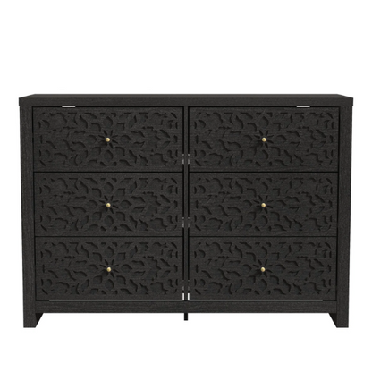 Boho-Inspired 45.4" 6-Drawer Dresser with Distressed Finish and Openwork Floral Details