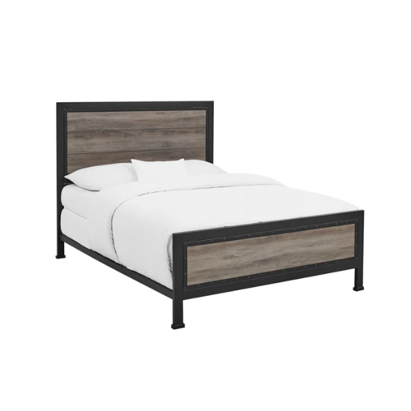 Rustic Industrial Queen Size Bed with Wood-Look Center – Sturdy and Stylish Design