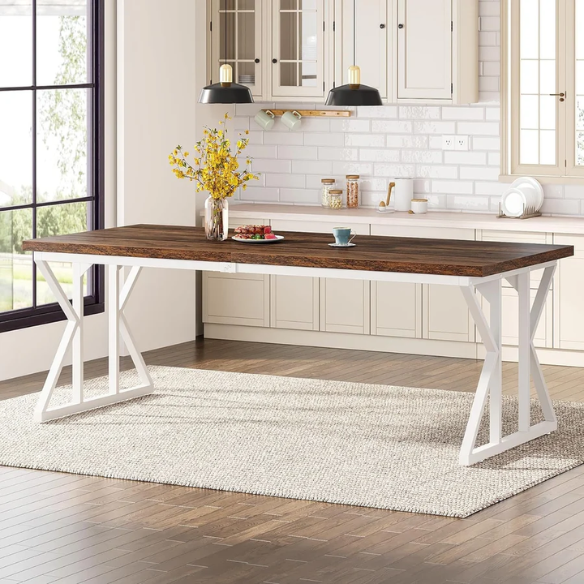 Farmhouse Dining Table for 6-8 People – Rectangular Wood Kitchen Table with X-Shaped Accents, Spacious & Multifunctional for Dining, Office, or Gathering