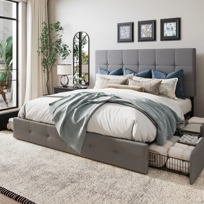 King Size Upholstered Platform Bed with Storage Drawers, Padded Headboard, and Sophisticated Button Tufting