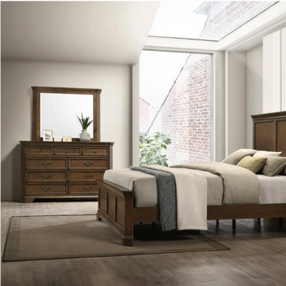 Classic Traditional Wood Queen Panel Bed with Dresser, Mirror, and Two Nightstands in Antique Walnut Finish