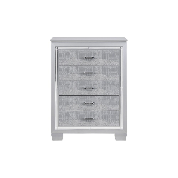 Modern Glam Queen Bedroom Set in Silver with LED Lighting & Crystal Tufted Headboard