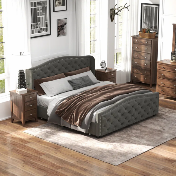 Luxurious King Size Velvet Upholstered Platform Bed with Tufted Camelback Headboard, Nailhead Trim, and 4 Built-In Storage Drawers – Stylish and Functional Bedroom Upgrade