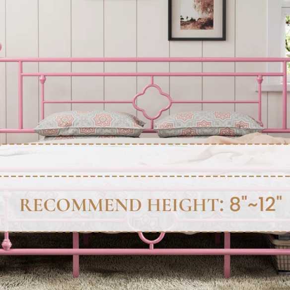 Elegant Metal Open-Frame Platform Bed with Quatrefoil Design and Classic Finial Posts – Timeless French Country Style with Under-Bed Storage