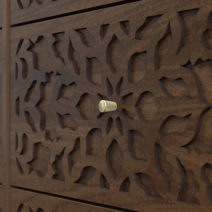 Boho-Inspired 45.4" 6-Drawer Dresser with Distressed Finish and Openwork Floral Details
