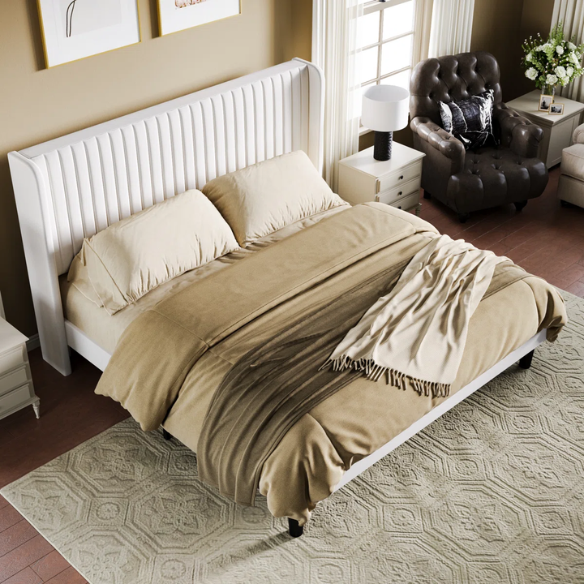 Luxurious King Size Upholstered Velvet Platform Bed with Modern Wingback Headboard – Heavy-Duty Steel Frame, No Box Spring Needed, and Ample Under-Bed Storage