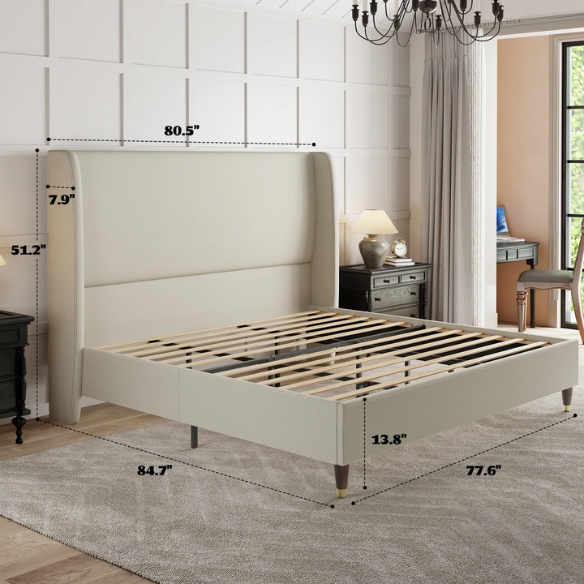 King Size Upholstered Platform Bed with Wingback Design, Foam-Padded Linen Headboard, and Steel Reinforced Frame