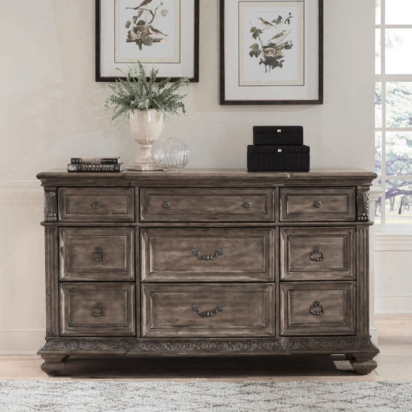 Brown & Beige King Poster Bedroom Set with Dresser, Mirror, Chest & Nightstand – Rustic Hickory Veneers, Sand Linen Upholstery, Antique Brass Accents